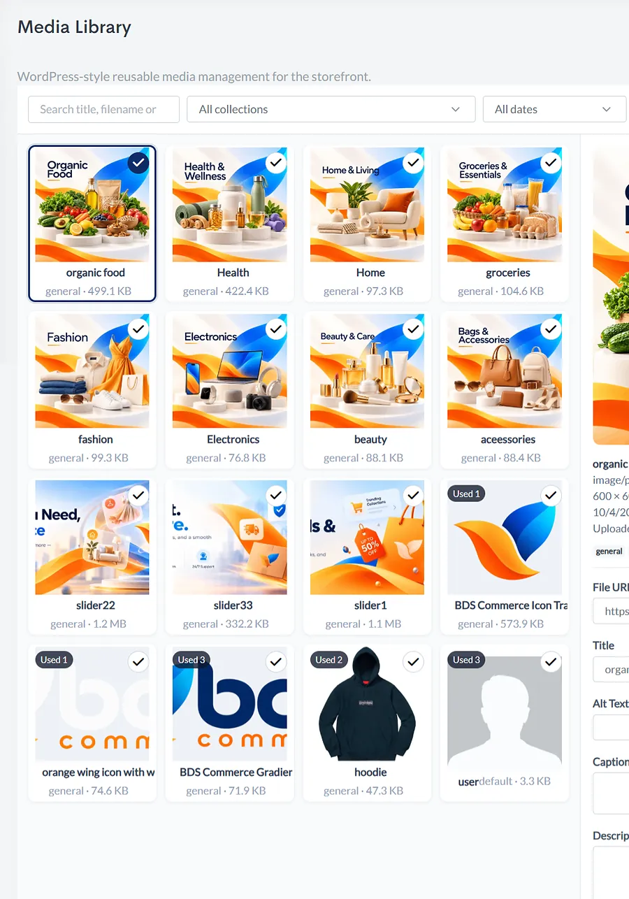 Real ecommerce admin media library showing reusable storefront images