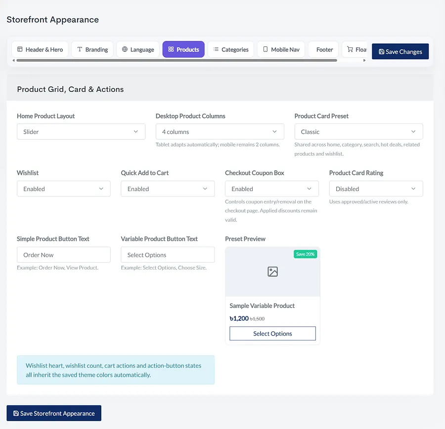 Real storefront appearance controls in admin panel